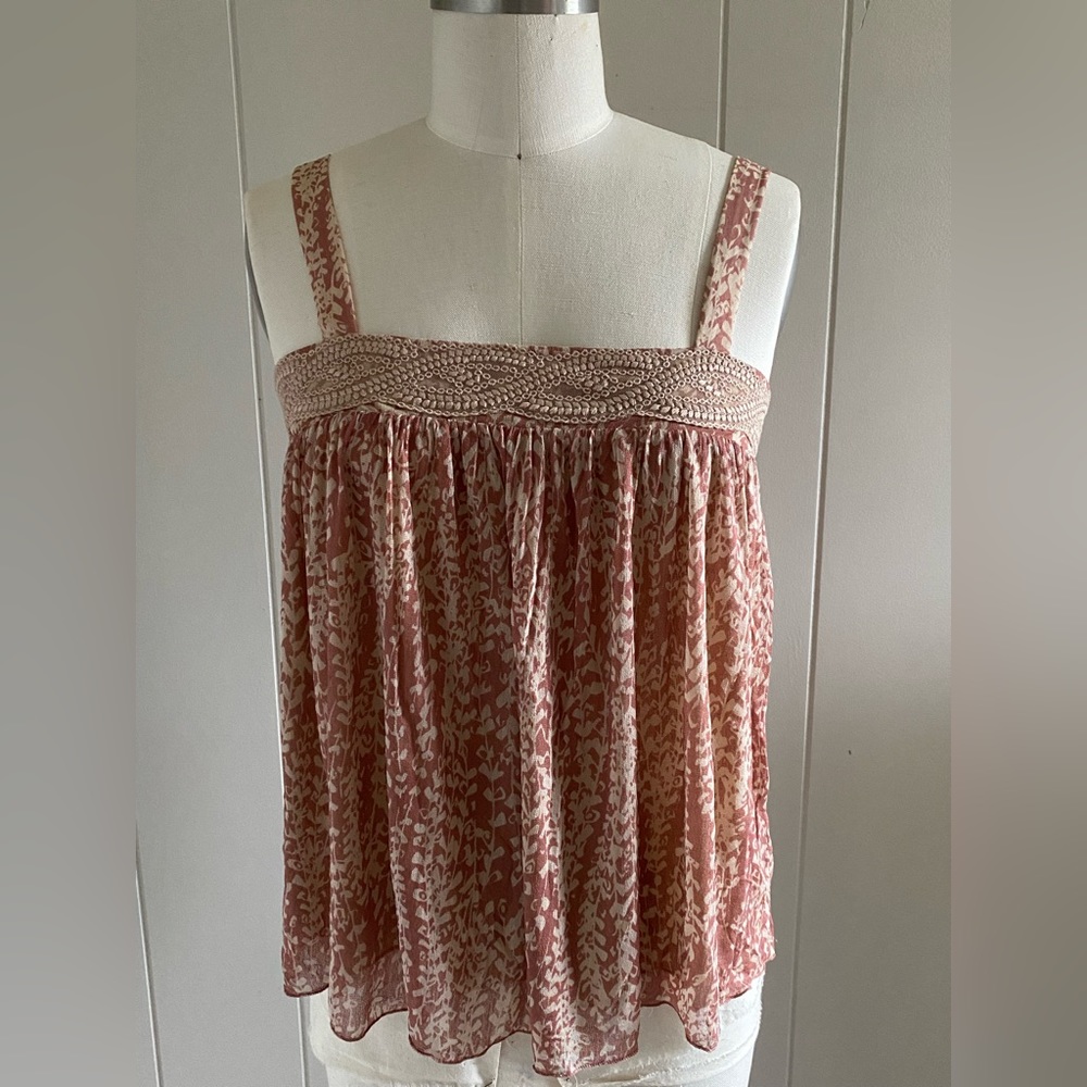 Boho printed silk tank top with embroidery detail
